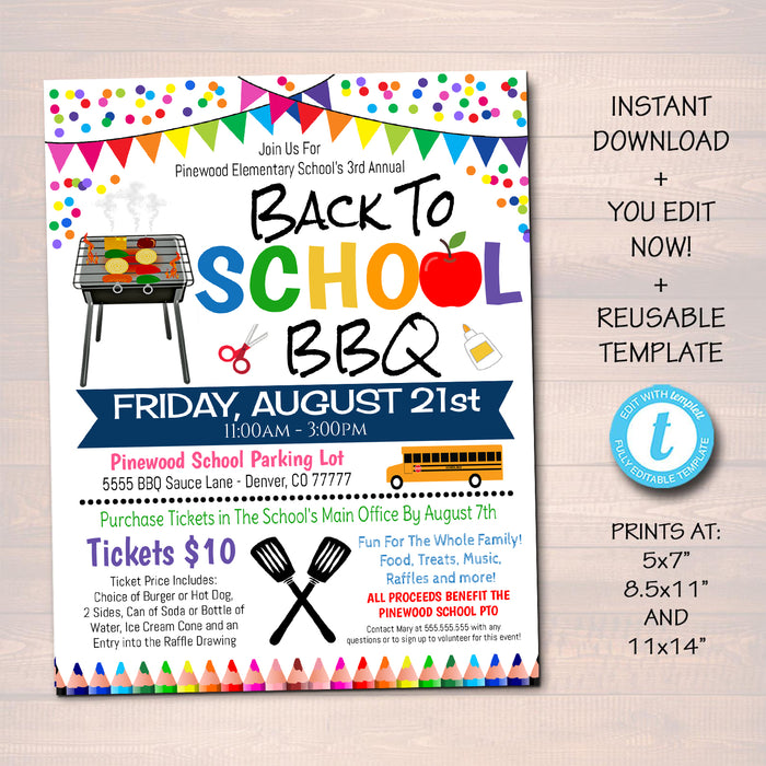 School Bbq Picnic Party Invite - Editable Template