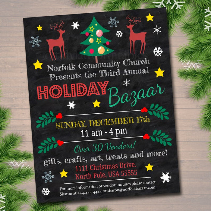 Holiday Festival Flyer, Christmas Bazaar, Xmas Craft Fair Invitation Christmas Party Printable Community Holiday Event Church Flyer