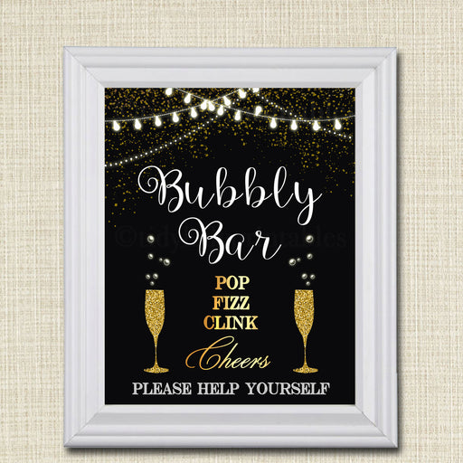 Bubbly Bar Wedding Sign, Black and Gold Party Decor, Bubbly Bar Sign, Pop Fizz Clink, New Years Party Decorations Printable INSTANT DOWNLOAD