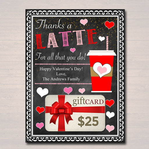 EDITABLE Coffee Card Holder, Thanks a Latte Valentine Gift Card Holder Printable, Valentine's Day Teacher Gifts, Babysitter INSTANT DOWNLOAD