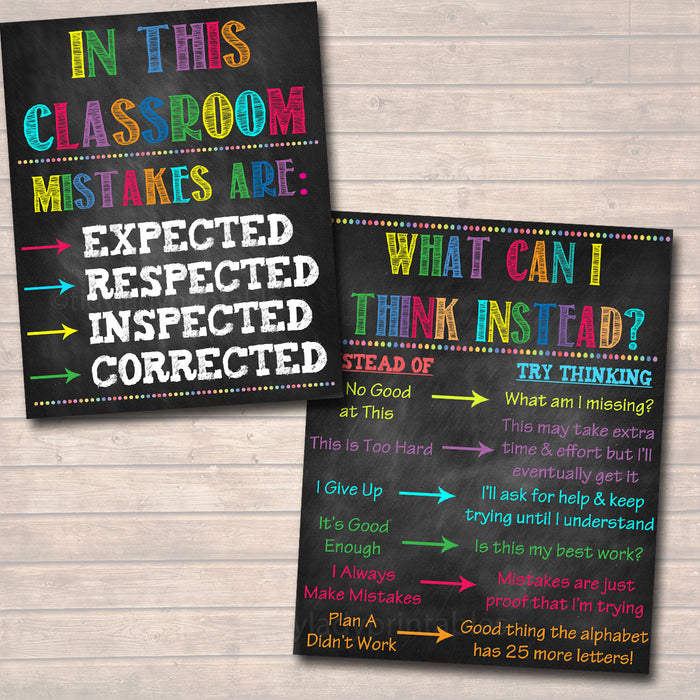 Classroom Poster Set, Decor, Motivational Teacher Chalkboard Printables, Mistakes Proof of Trying, Think Before You Speak
