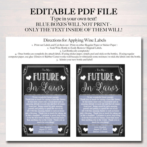 EDITABLE Future In-Laws Wine Labels, Printable Wine Label, Family Marriage Gift, Gift For In Laws INSTANT DOWNLOAD, Parents Wedding Gift