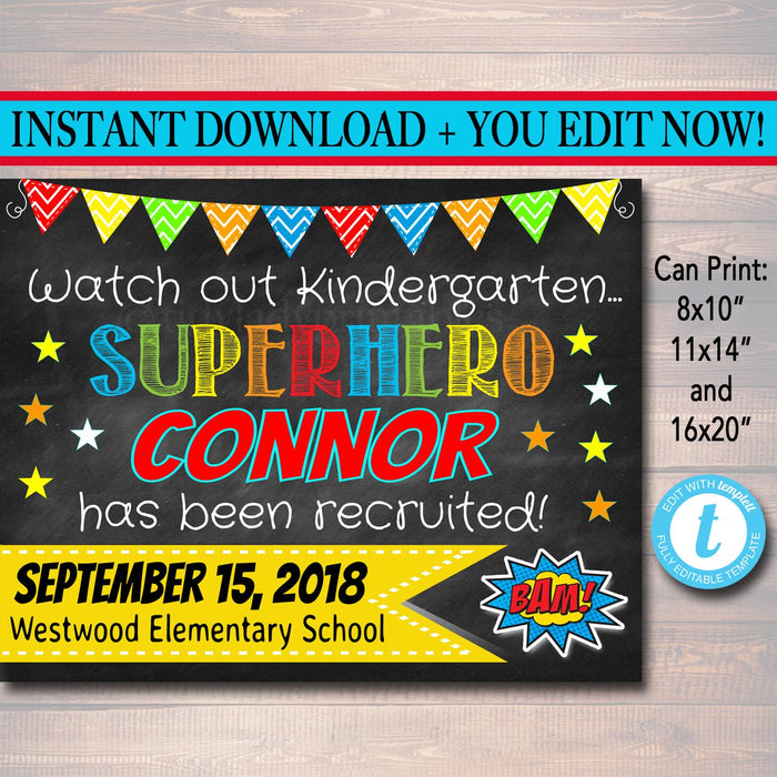 EDITABLE Superhero Back to School Photo Prop Back School Chalkboard Poster Personalized School Chalkboard Sign 1st Day of School Printable