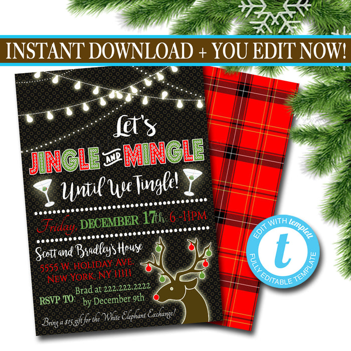 Printable Jingle & Mingle Christmas Party Invitation, Adult Holiday Party Invitation, Adult Christmas Card, Holiday Ugly Sweater Invitation
