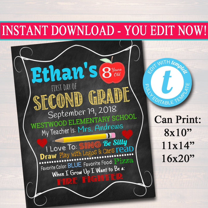 EDITABLE Back to School Photo Prop, Back to School Chalkboard Poster, Personalized School Chalkboard Sign, Any Grade Sign 1st Day of School