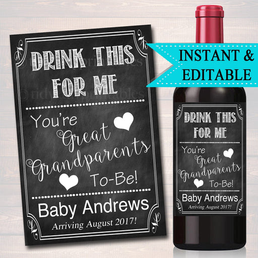Drink This For Me Your Great Grandparents to Be Beer & Wine Label Pregnancy Announcement INSTANT, EDITABLE Grandma Grandpa Pregnancy Reveal