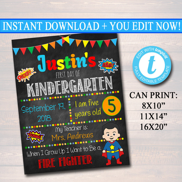 EDITABLE Superhero Back to School Photo Prop, Back to School Chalkboard Poster INSTANT DOWNLOAD, Any Grade, Boy 1st Day of School Printable