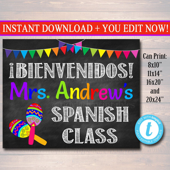 Spanish Teacher Classroom Door Sign - Bienvenido Editable Template
