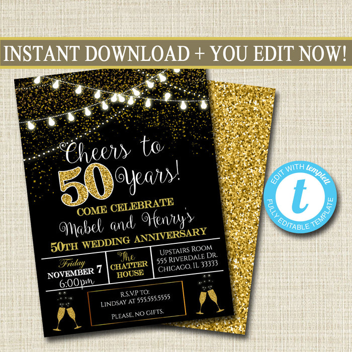 50th Party Invitation, Birthday Printable Cheers to Fifty Years,  50th Wedding Anniversary Invite, Black & Gold Party Decor