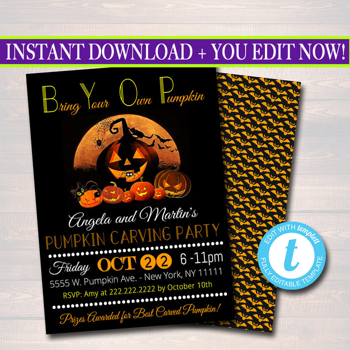 Printable Pumpkin Carving Party Invitation, Halloween Invitation, Costume Party Invitation, BYOP, Adult Halloween, Eat Drink and Be Scary