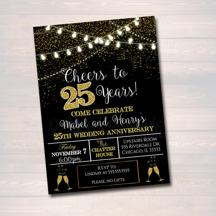 25th Party Invitation, Birthday Printable Cheers to Twenty Five Years,  25th Wedding Anniversary Invite, Black & Gold Party
