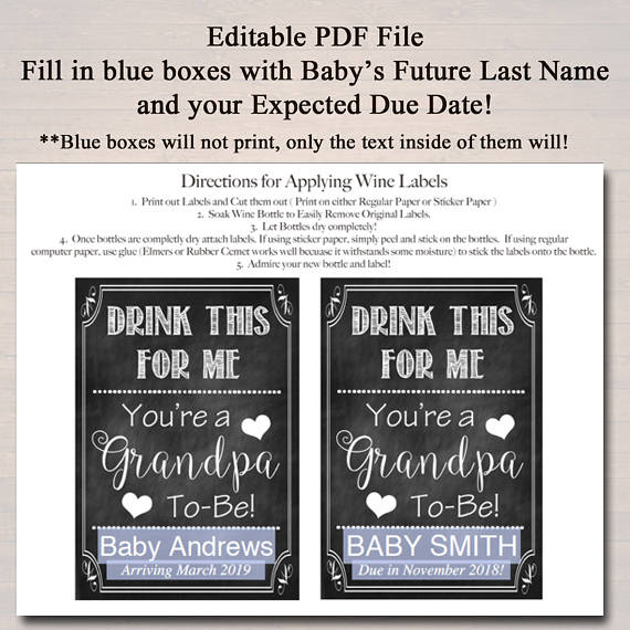 Drink This For Me Your A Grandpa to Be Beer & Wine Label Pregnancy Announcement INSTANT and EDITABLE, Parents Dad Promoted Pregnancy Reveal