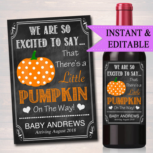 EDITABLE Wine Label Halloween Pregnancy Announcement Printable Chalkboard, Fall Pregancy Reveal, Little Pumpkin on the Way, INSTANT DOWNLOAD
