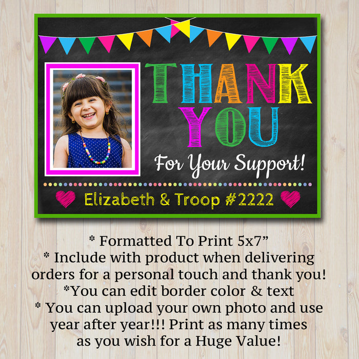 Photo Thank You Note,  Printable Thank You Card Template, Cookie Receipt Product Delivery Thank You Troop Printable