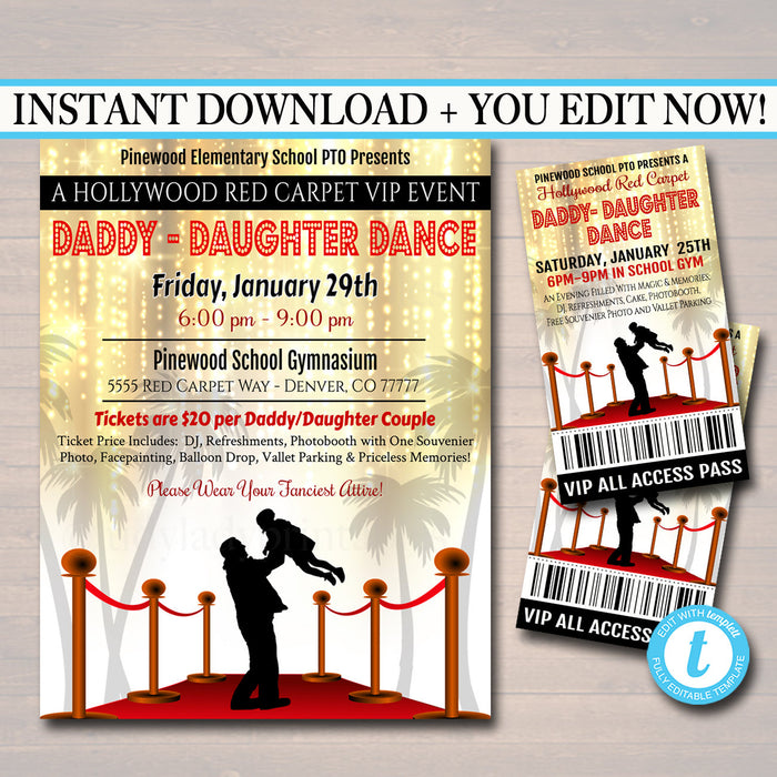 Daddy Daughter Dance Set School Dance Flyer Invitation Hollywood Red Carpet Event Church Community Event, pto, pta