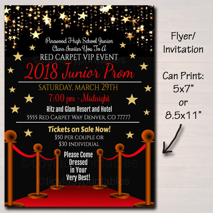 Prom Set, School Dance Flyer Invitation, Ticket Hollywood Red Carpet Under The Stars High School Event, pto, pta