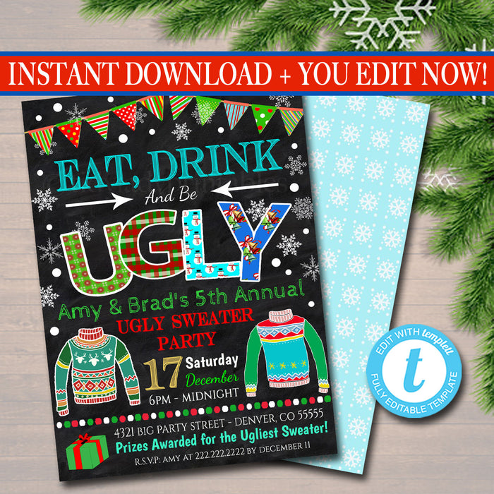 Ugly Sweater Party Invitation, Christmas Party Invitation Holiday Eat, Drink & Be Ugly Christmas Party, Holiday Ugly Sweater Invite