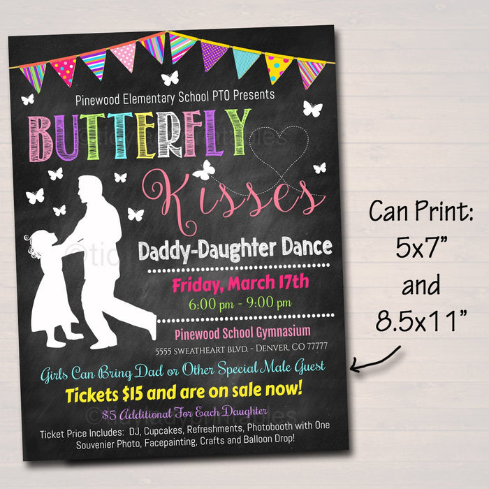 Daddy Daughter Dance Set School Dance Flyer Party Invitation, Butterfly Kisses, Church Community Event, pto, pta,