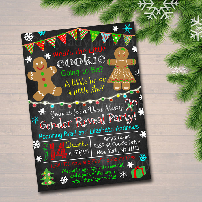 Gender Reveal Party Invitation, Christmas Invite, Cookie Baby Shower, What the Elf is it Going to Be, Santa Baby,