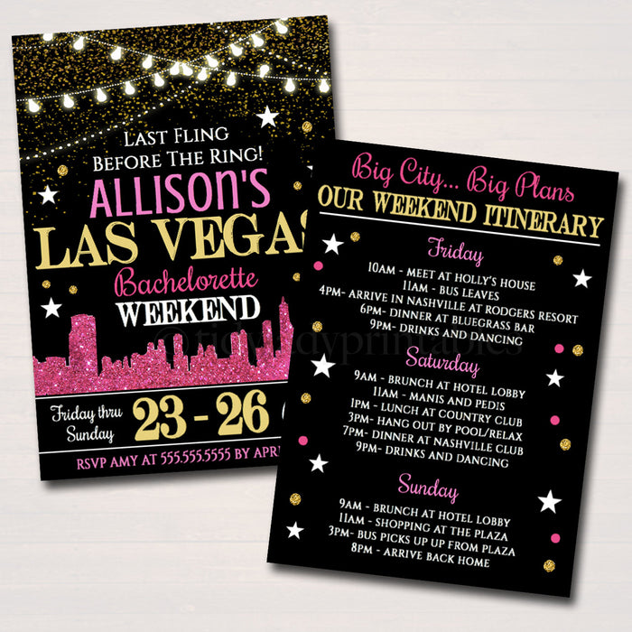 Las Vegas City Bachelorette Party Invitation, Glitter Pink Gold Party Invite City Skyline, Girls Weekend Itinerary