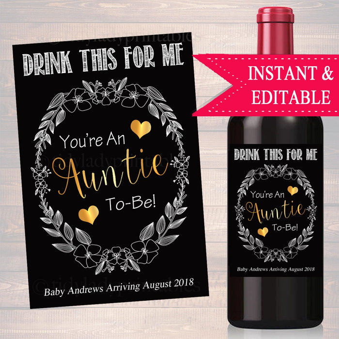 Drink This For Me You're An Auntie To Be, Digital Wine Label Pregnancy Announcement, New Aunt Gift, Sister Promoted to Aunt Pregnancy Reveal