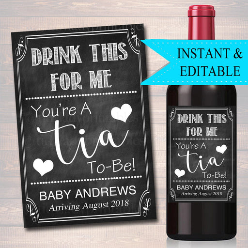 Drink This For Me You're A Tia To Be, Digital Wine Label Pregnancy Announcement, New Aunt Gift, Sister Promoted to Auntie Pregnancy Reveal