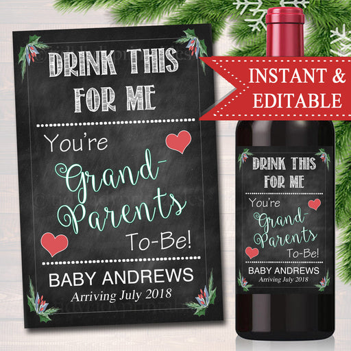 Drink This For Me You're Grandparents to Be Beer & Wine Label Pregnancy Announcement INSTANT and EDITABLE, Parents Promoted Pregnancy Reveal