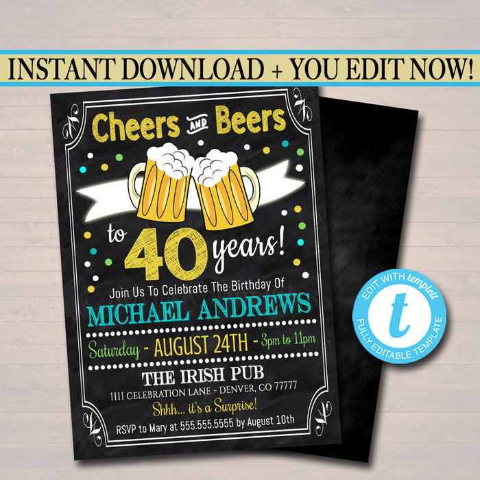 Cheers and Beers Party Invitation, ANY AGE Birthday Printable Invite, Cheers to 30, 40 Years, 50 Years  Anniversary Invite