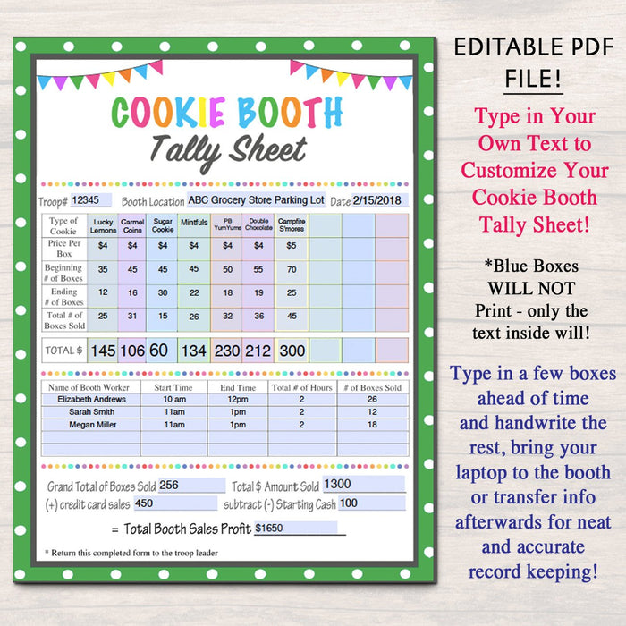 Cookie Booth Tally Sheet,  , Troop Leader Printable, Cookies Sales Tracker, Cookie Booth Organizer
