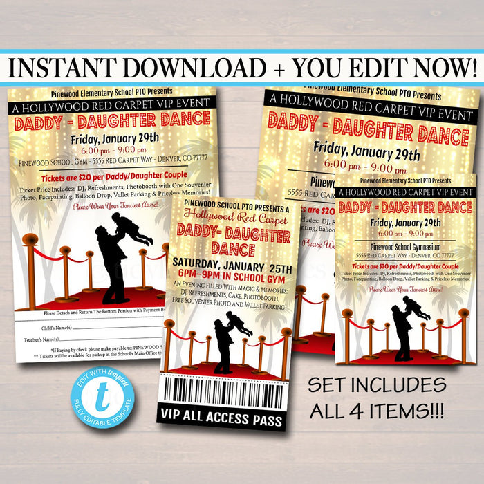 Daddy Daughter Dance Set School Dance Flyer Invitation Hollywood Red Carpet Event Church Community Event, pto, pta