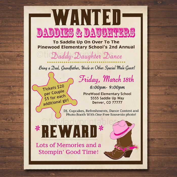 Daddy Daughter Dance, School Dance Flyer Country Western Cowgirl, Church Community Event, pto, pta