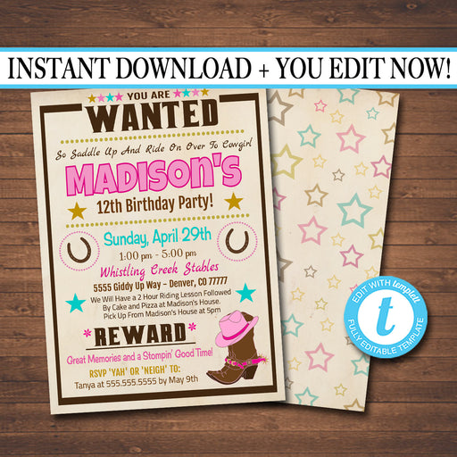 EDITABLE Cowgirl Birthday Invitation, Western Theme Party Invite, Horse Stable Digital Invite, Wanted Poster, Riding Party INSTANT DOWNLOAD