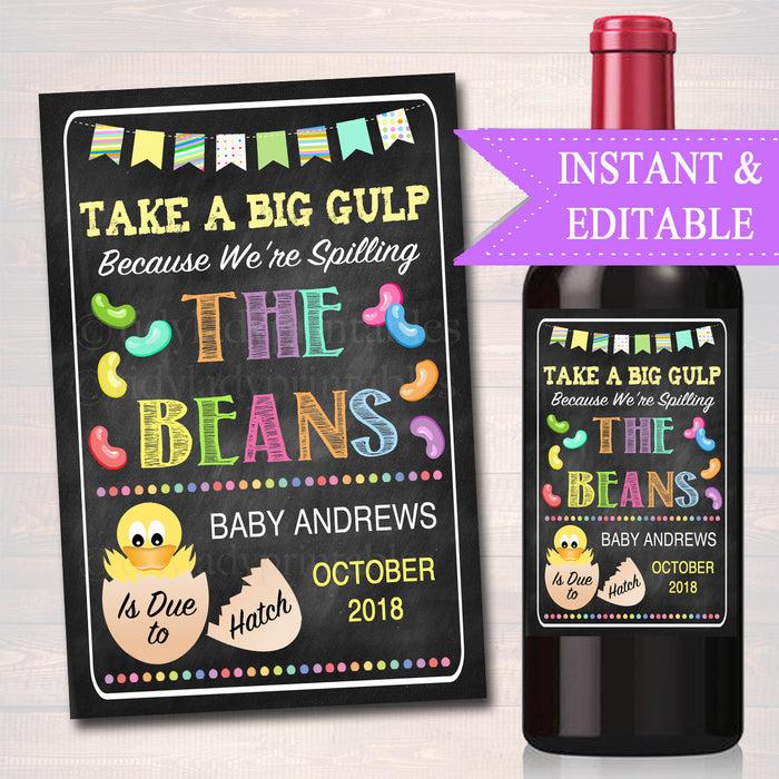 EDITABLE Wine Label Pregnancy Announcement, We're Spilling The Beans Chalkboard Printable Wine Label, Spring Pregancy Reveal Easter Pregnant