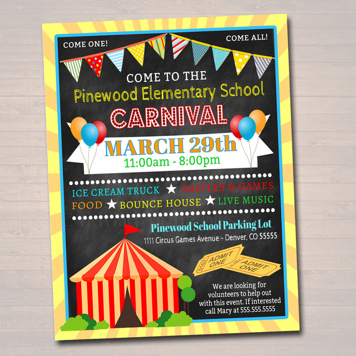 Carnival Flyer, Printable PTA PTO Flyer, School Church Benefit Fundraiser Event Poster,  Circus Party Printable Invitation