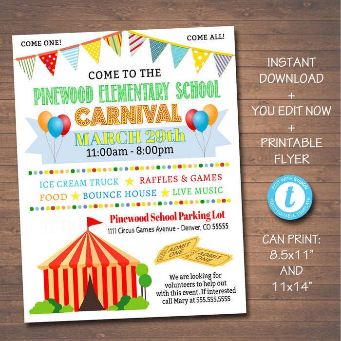 School Carnival Flyer Event  -  Circus Party Printable Invitation