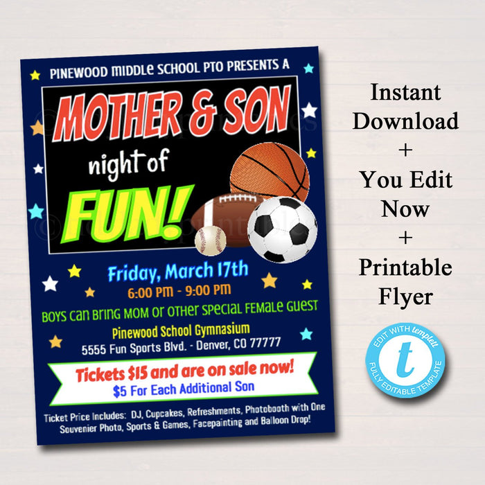 Mother Son School Dance Set - Sports Theme Invite - DIY Editable Template