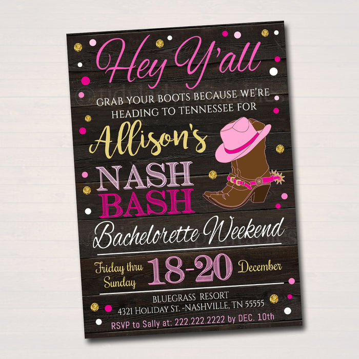 Nashville Tennessee Bachelorette Party Invitation, Nash Bash Party Invite, Cowgirl Boots Country Weekend Itinerary