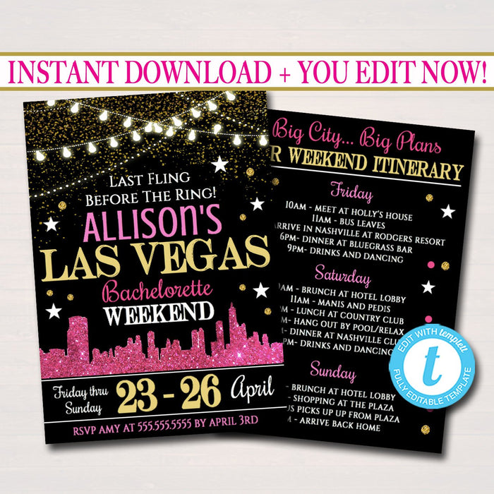 Las Vegas City Bachelorette Party Invitation, Glitter Pink Gold Party Invite City Skyline, Girls Weekend Itinerary