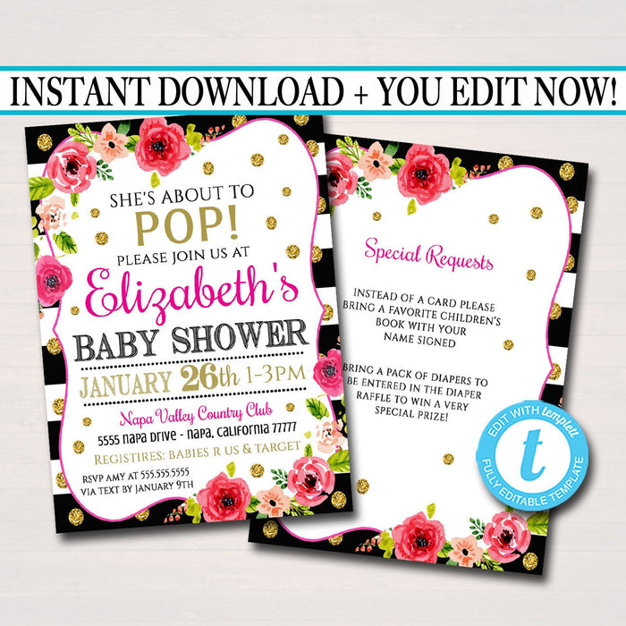 EDITABLE Baby Shower Invitation, She's About to Pop Baby Sprinkle Party Invite, Watercolor Floral, Gold Glitter Stripes, INSTANT DOWNLOAD