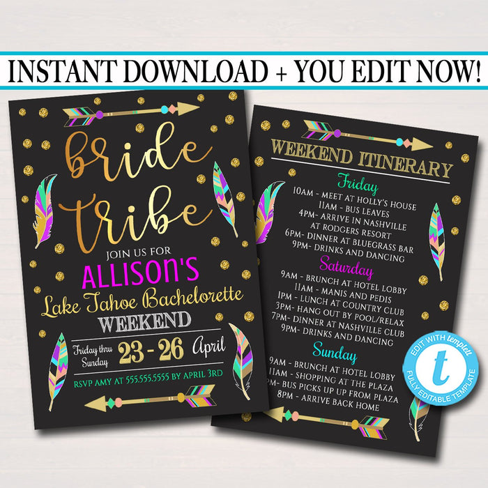 Bride Tribe Bachelorette Party Invitation With Itinerary, Girls Weekend Party Invite, Arrows Feathers Gold Glitter