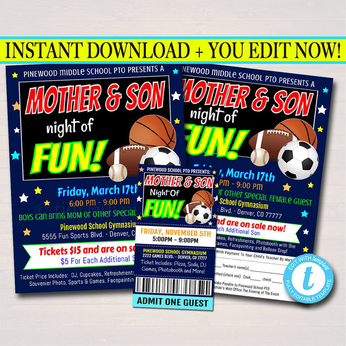 EDITABLE Mother Son School Dance Set, Dance Flyer Party Sports Night Invitation, Fundraiser Church Community Event pto pta, INSTANT DOWNLOAD