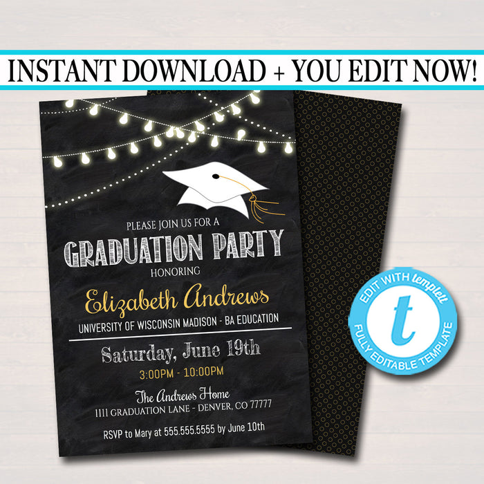 Graduation Invitation, Chalkboard Printable, College Graduate, Grad Party Invite, High School Senior Graduate
