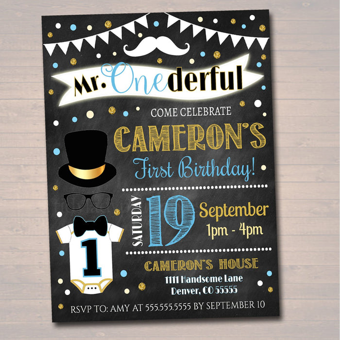 Mr. Onederful Birthday Chalkboard Invite, First Birthday Chalkboard Invitation Little Man Mustache Party Printable