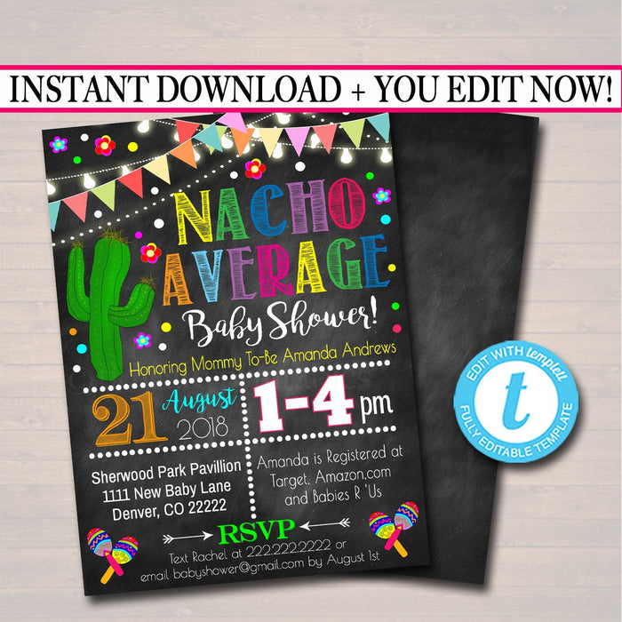 Editable Fiesta Nacho Average Baby Shower Invitation, Chalkboard Printable Baby Sprinkle Fiesta Couples Shower Party Invite INSTANT DOWNLOAD