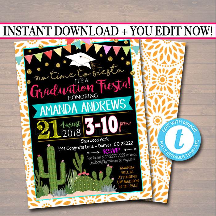 Fiesta Graduation Invitation, Chalkboard Printable College Graduate High School Senior Graduate No Time To Siesta,