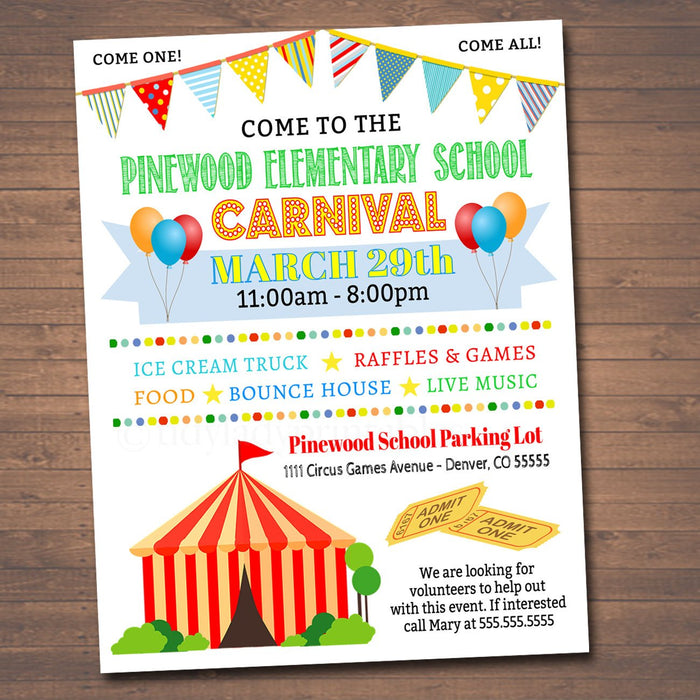 School Carnival Flyer Event  -  Circus Party Printable Invitation