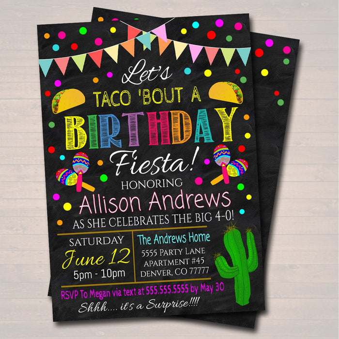 Let's Taco Bout A Birthday Fiesta Invitation Chalkboard Printable Adult Kid's Birthday Party, Cinco De Mayo Bday,