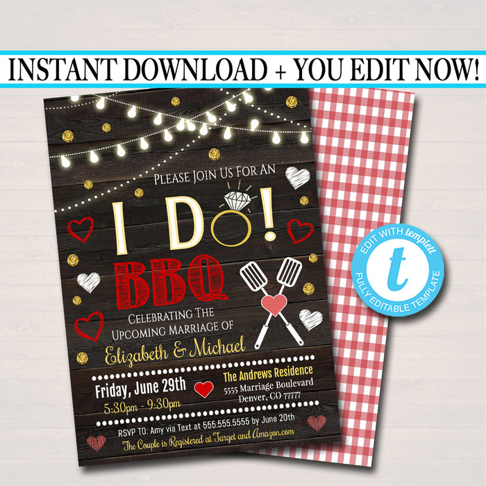 I Do BBQ Couples Shower Invitation, Rustic Engagement Printable Wedding Invite Bridal Wedding Shower Grill Out,