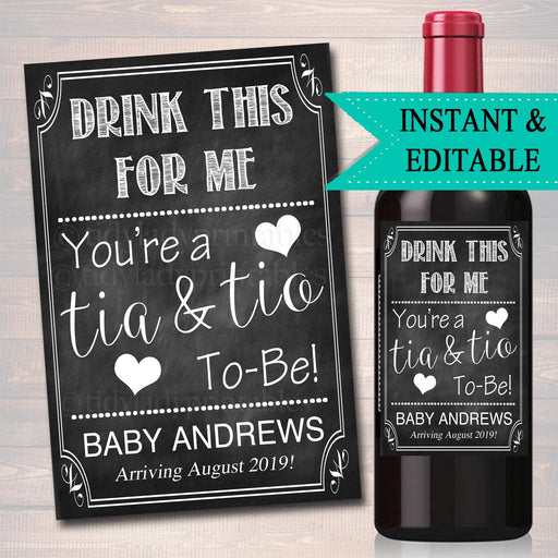 Drink This For Me You're A Tia & Tio To Be Digital Wine Label Pregnancy Announcement New Aunt Uncle Gift Couple's Friends Baby Surprise Gift