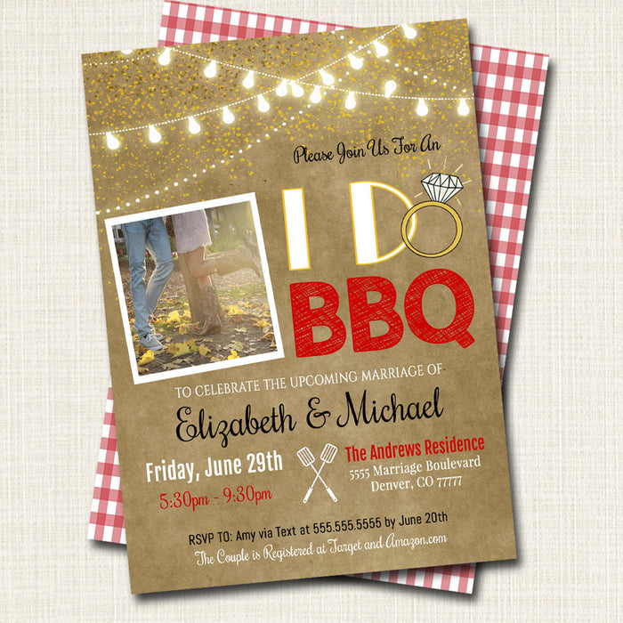 I Do BBQ Picnic Invitation, Bridal Couples Shower, Engagement Grill Out Celebration, Rustic Country Vintage Plaid String Lights